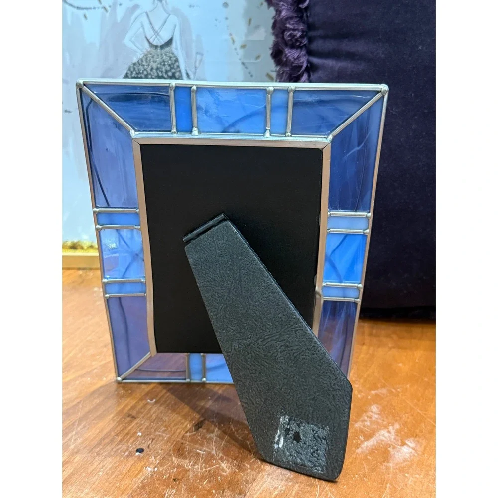 Blue Stained Glass Photo Frame Geometric Slag Glass 4x6 Tabletop Decor Silver